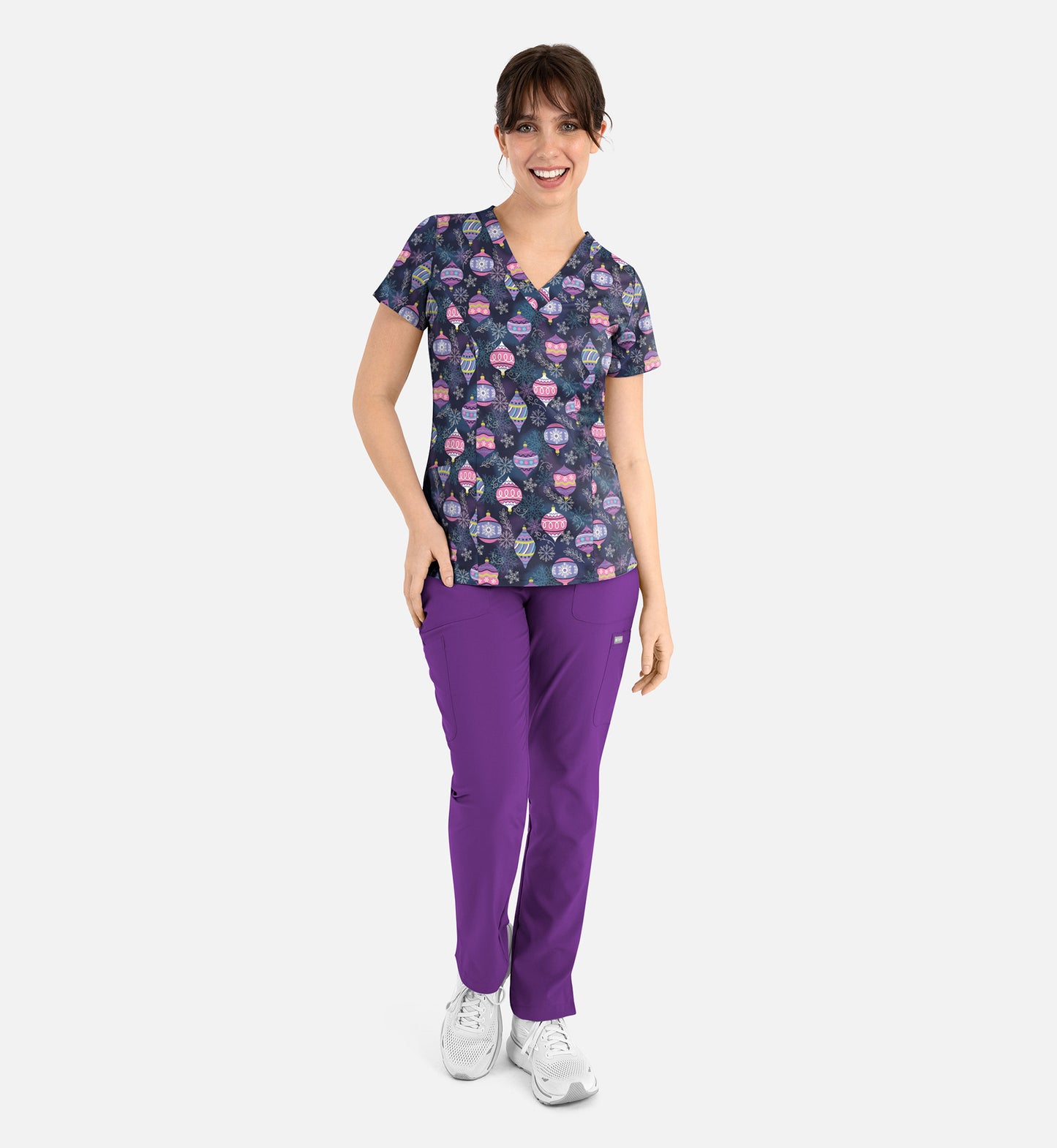 Maevn 1797 Women’s Curved V-Neck Print Top Frosted Ornaments