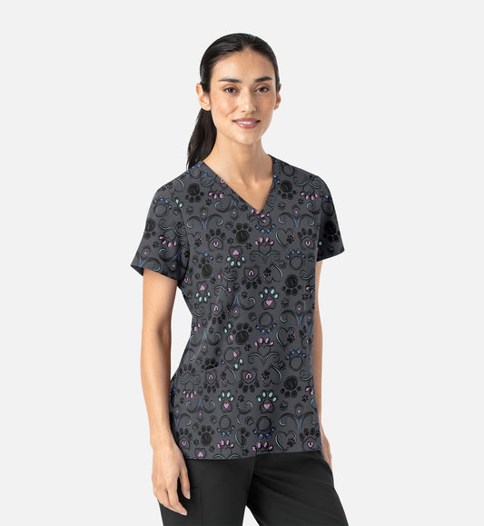 Maevn 1797 Women’s Curved V-Neck Print Top Regal Paws