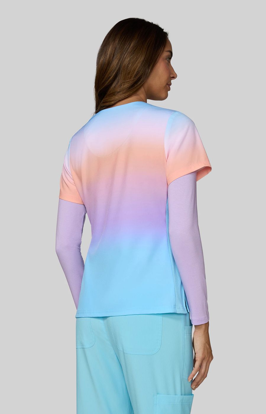 Lite Reform Women's 2-Pocket Stretch Ombre Print Scrub Top Rainbow Ombre