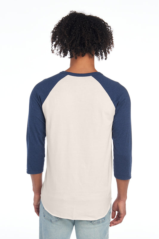 Jerzees Unisex Premium Blend Combed Ring Spun 3/4-Sleeve Raglan 560R Sweet Cream Heather/ Indigo Heather