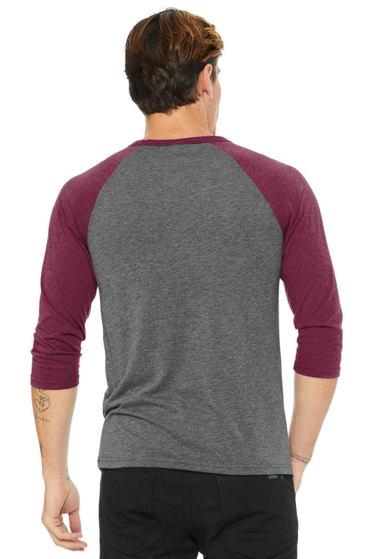 BELLA+CANVAS Unisex 3/4-Sleeve Baseball Tee. BC3200 Grey/ Maroon Triblend