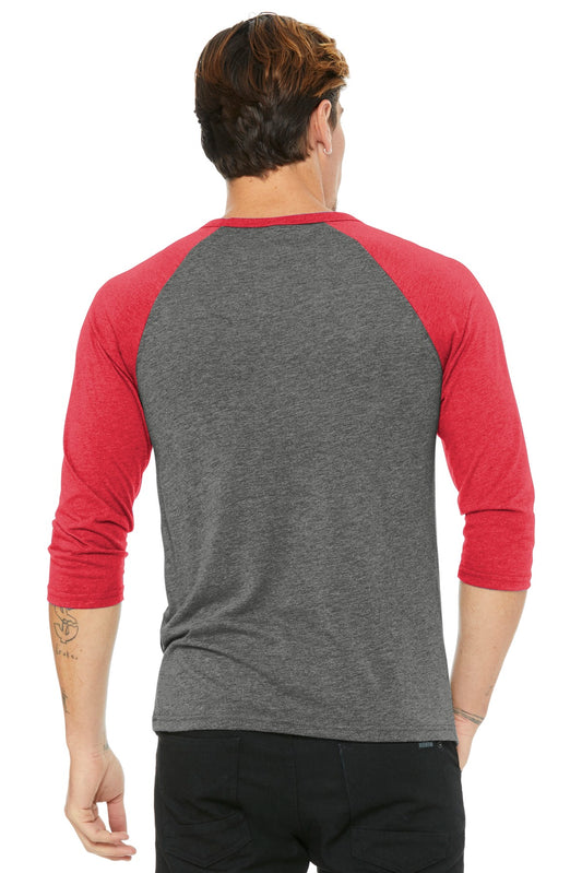 BELLA+CANVAS Unisex 3/4-Sleeve Baseball Tee. BC3200 Grey/ Red Triblend