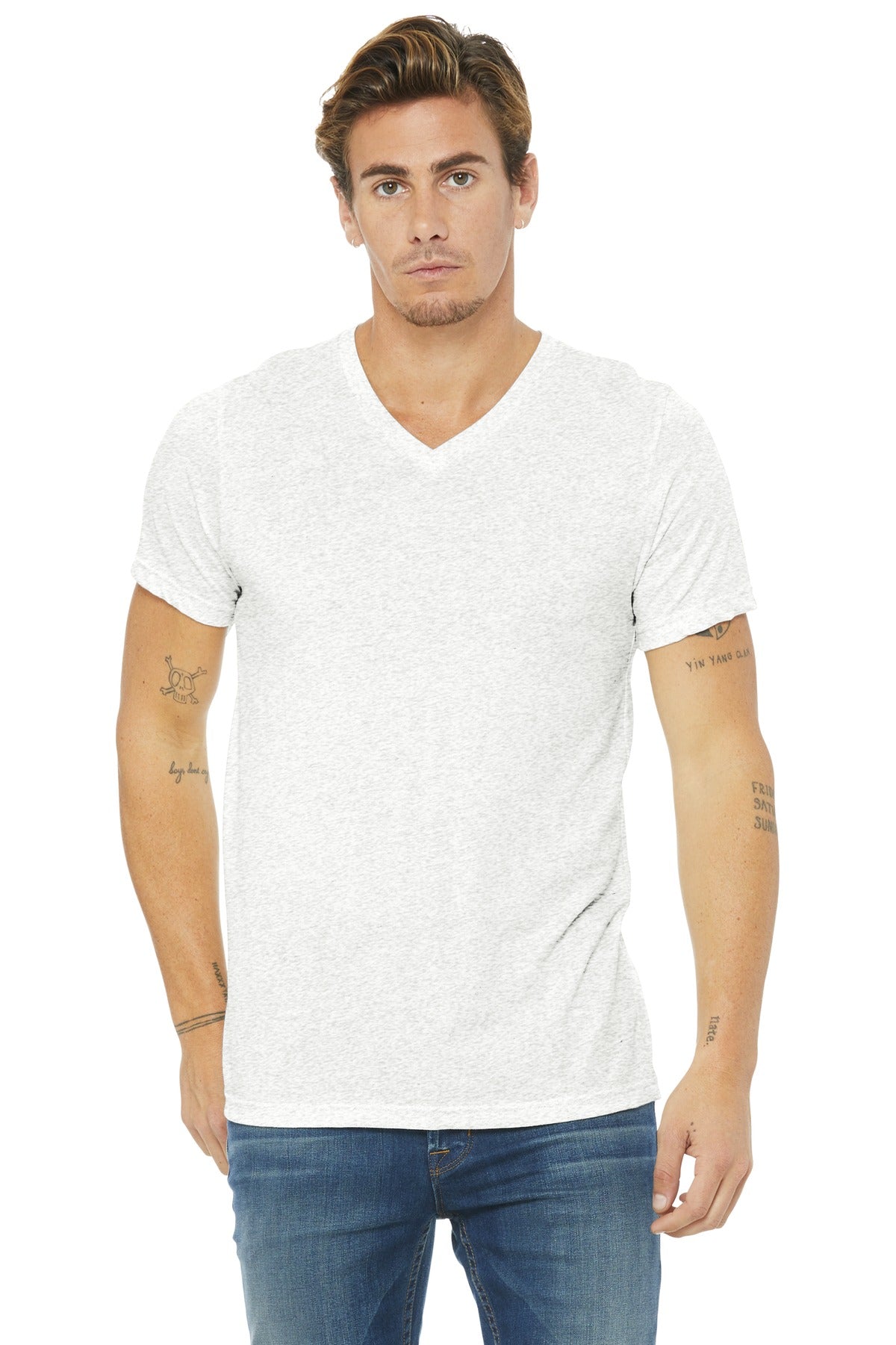 BELLA+CANVAS Unisex Triblend Short Sleeve V-Neck Tee. BC3415 White Fleck Triblend