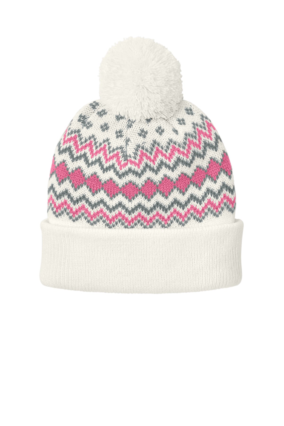 Port Authority Alpine Pom Beanie C991 Marshmallow/ Awareness Pink/ Gusty Grey