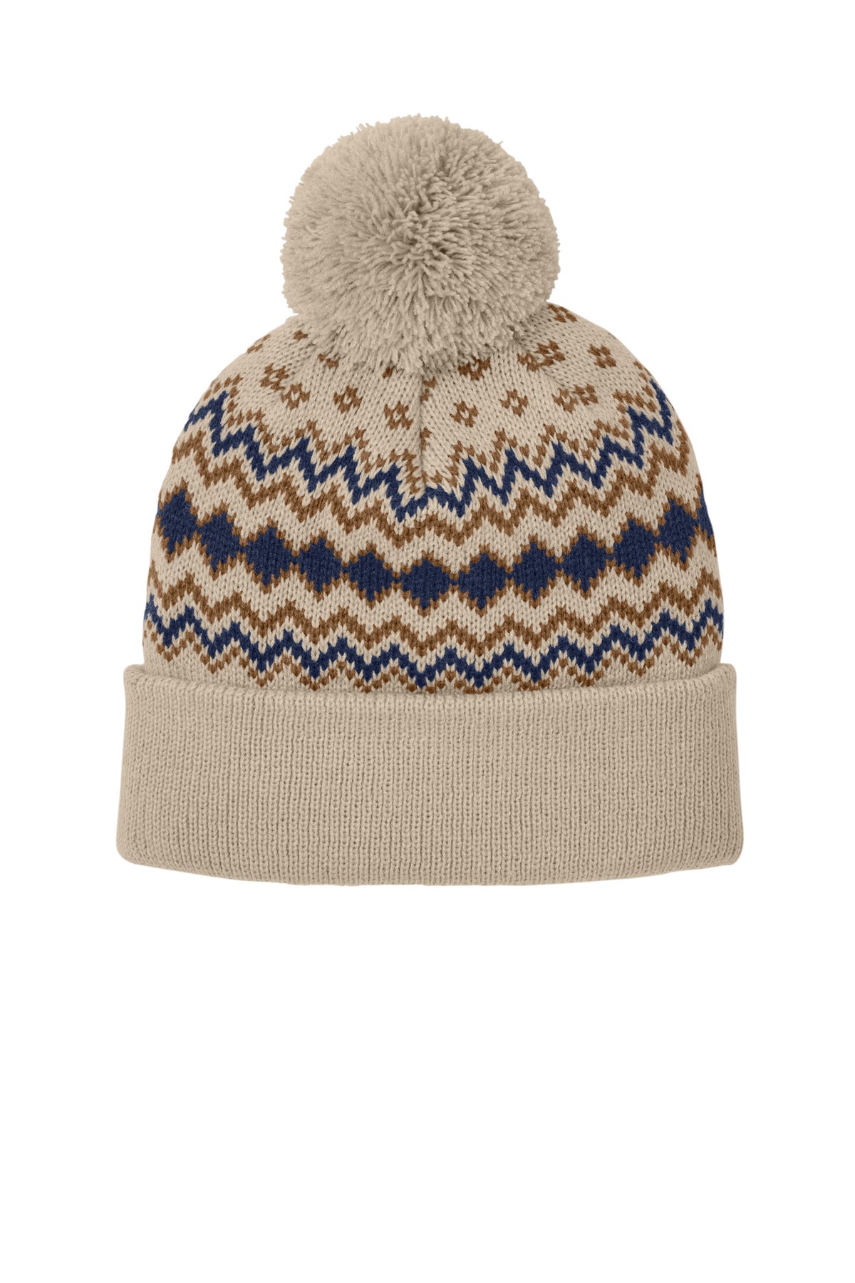 Port Authority Alpine Pom Beanie C991 Sahara/ True Navy/ Duck Brown