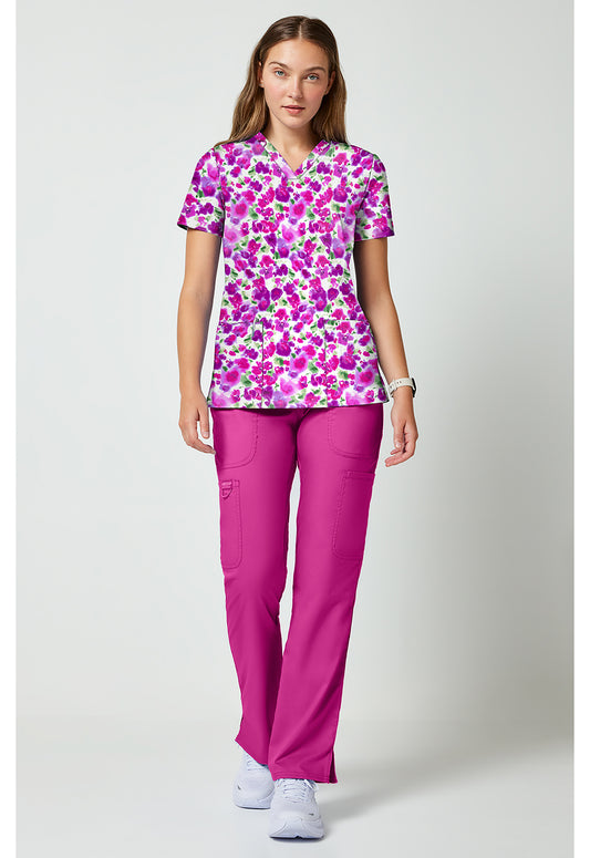 Achieve CK00010 Women's 2 Pocket Print Scrub Top Dissolving Blooms