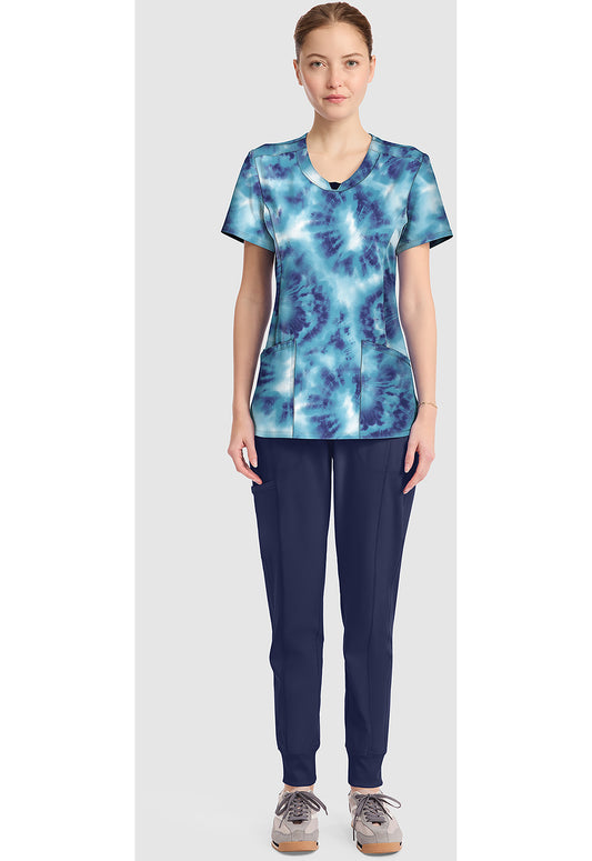 Infinity Prints CK609 Women's Round Print Neck Scrub Top Saltwater Tie Dye