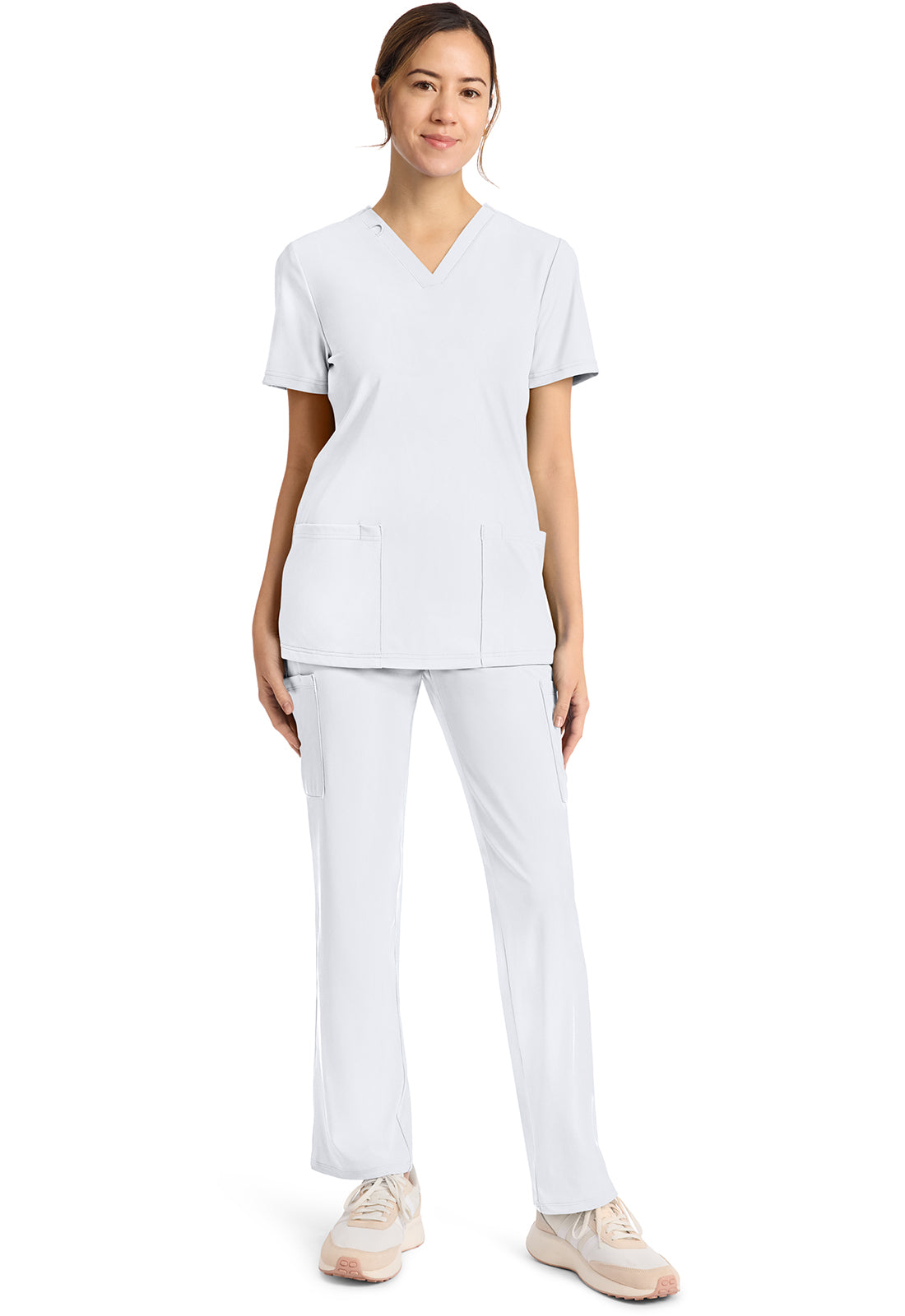 Achieve CK832 Women's 2-Pocket V-Neck Top White