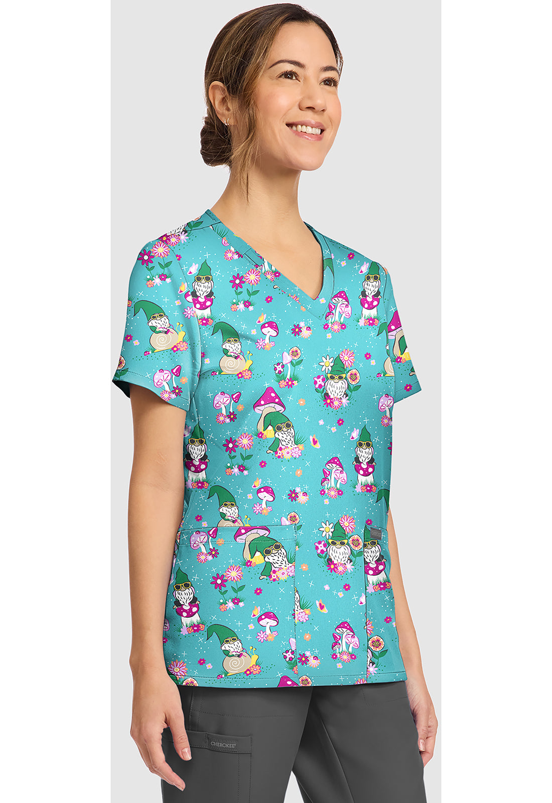 Genuine CK856 Women's Print V-Neck Scrub Top Gnomes At Home