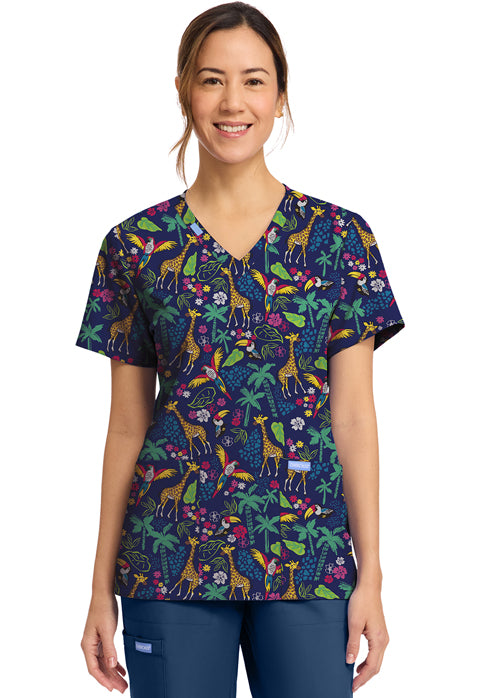 Cherokee Prints CK856 Women's Print V-Neck Top Jungle Jive