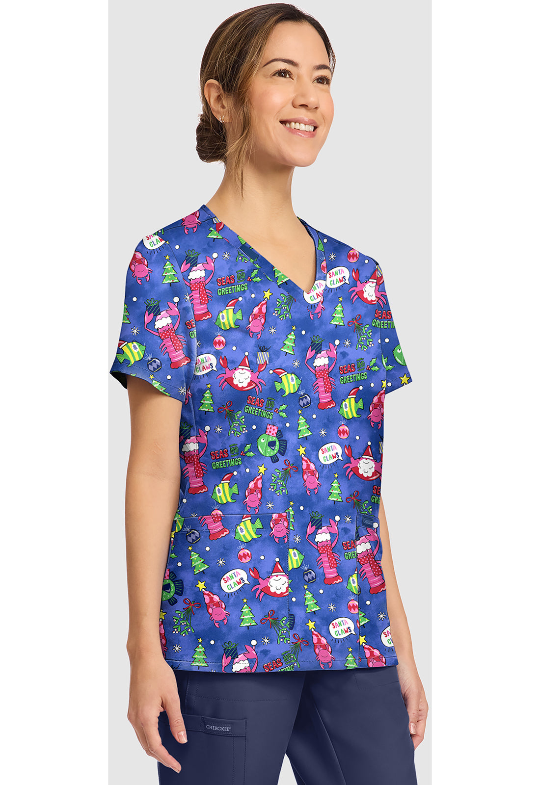 Genuine CK856 Women's Print V-Neck Scrub Top Santa Claws