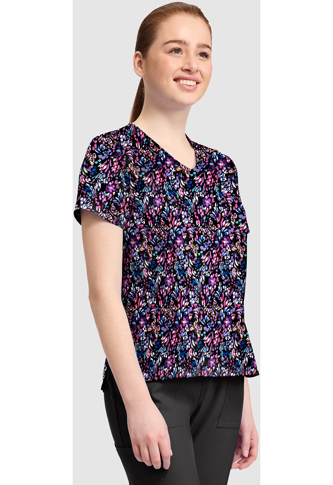 Genuine CK857 Women's High-Low V-Neck Scrub Top Butterfly Confetti