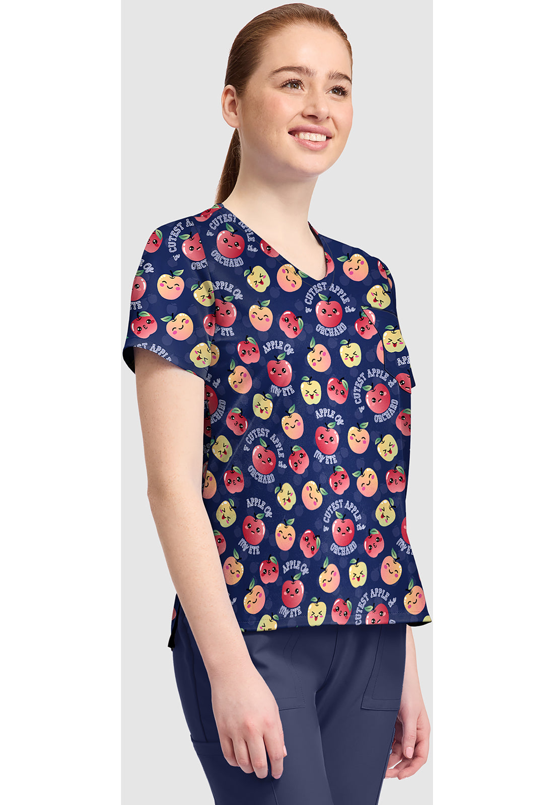 Genuine CK857 Women's High-Low V-Neck Scrub Top Cutest Apple