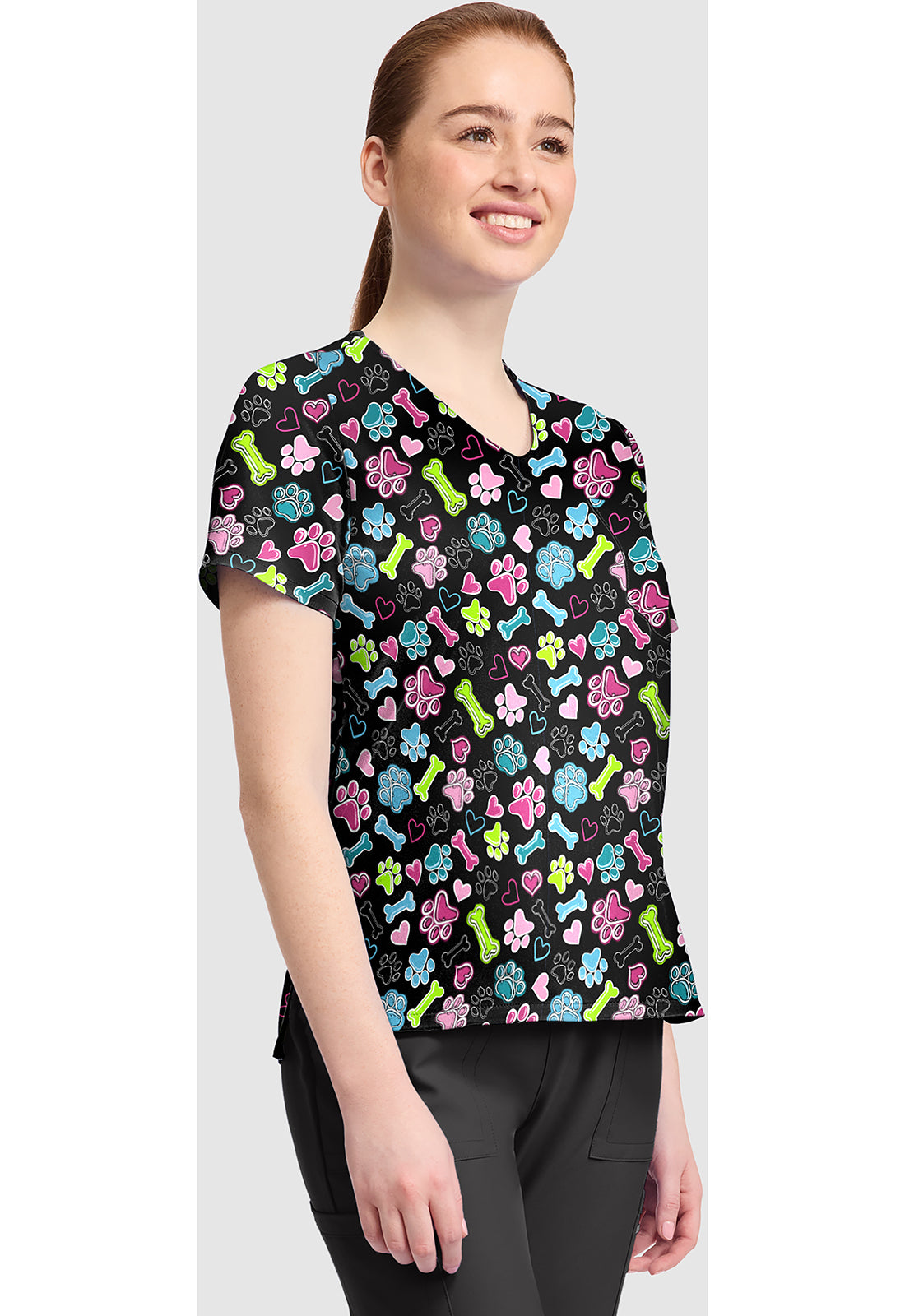 Genuine CK857 Women's High-Low V-Neck Scrub Top Doggy Doodle