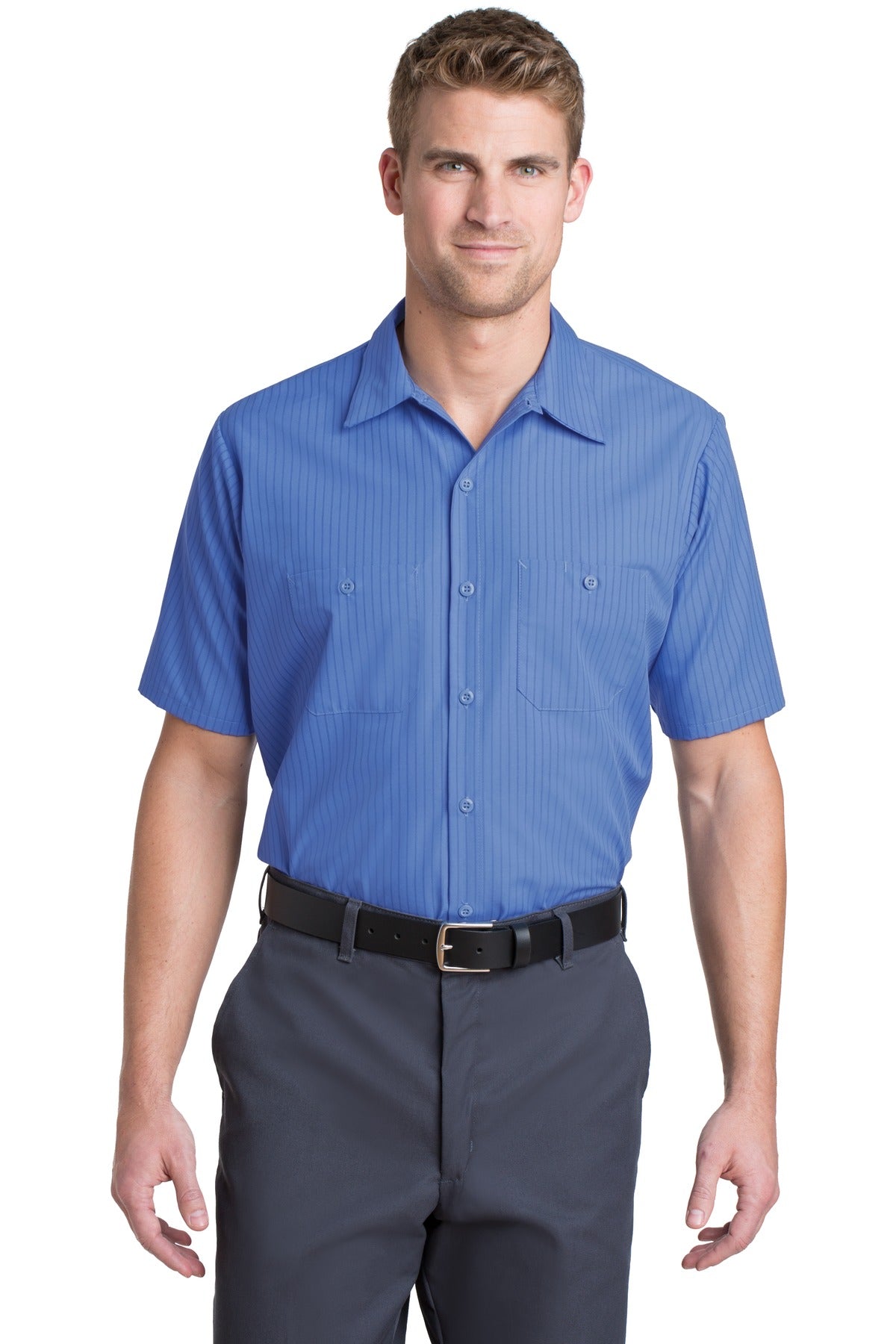 Red Kap Short Sleeve Striped Industrial Work Shirt CS20 Petrol Blue/Navy