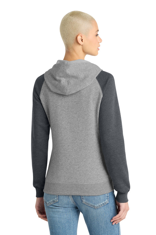 District Women's Lightweight Fleece Raglan Hoodie DT296 Heathered Grey/ Heathered Charcoal