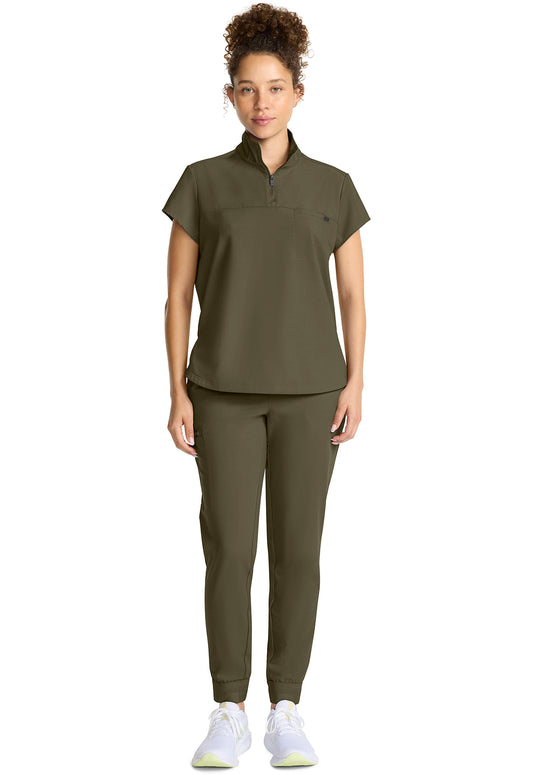 Quest HH752 Women's Partial Zip Stand Collar Scrub Top Olive