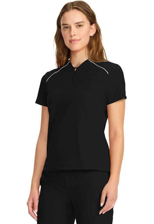 GNR8 IN644A Women's Tuck-in Mock Neck Henley Top Black