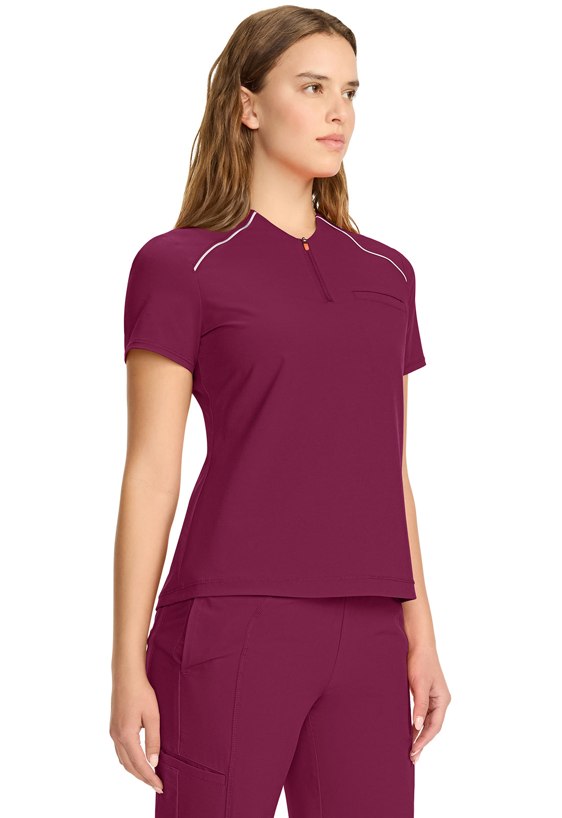 GNR8 IN644A Women's Tuck-in Mock Neck Henley Scrub Top Wine