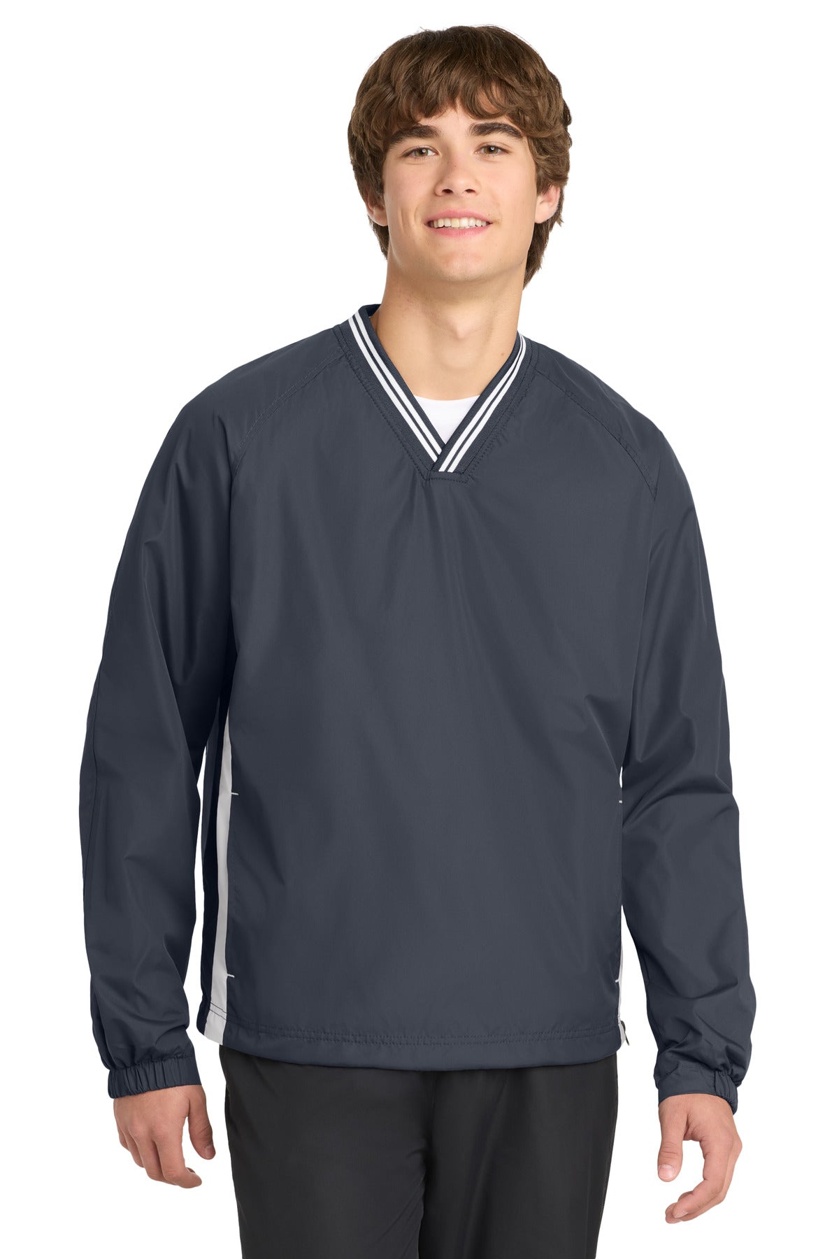 Sport-Tek Tipped V-Neck Raglan Wind Shirt JST62 Graphite/ White
