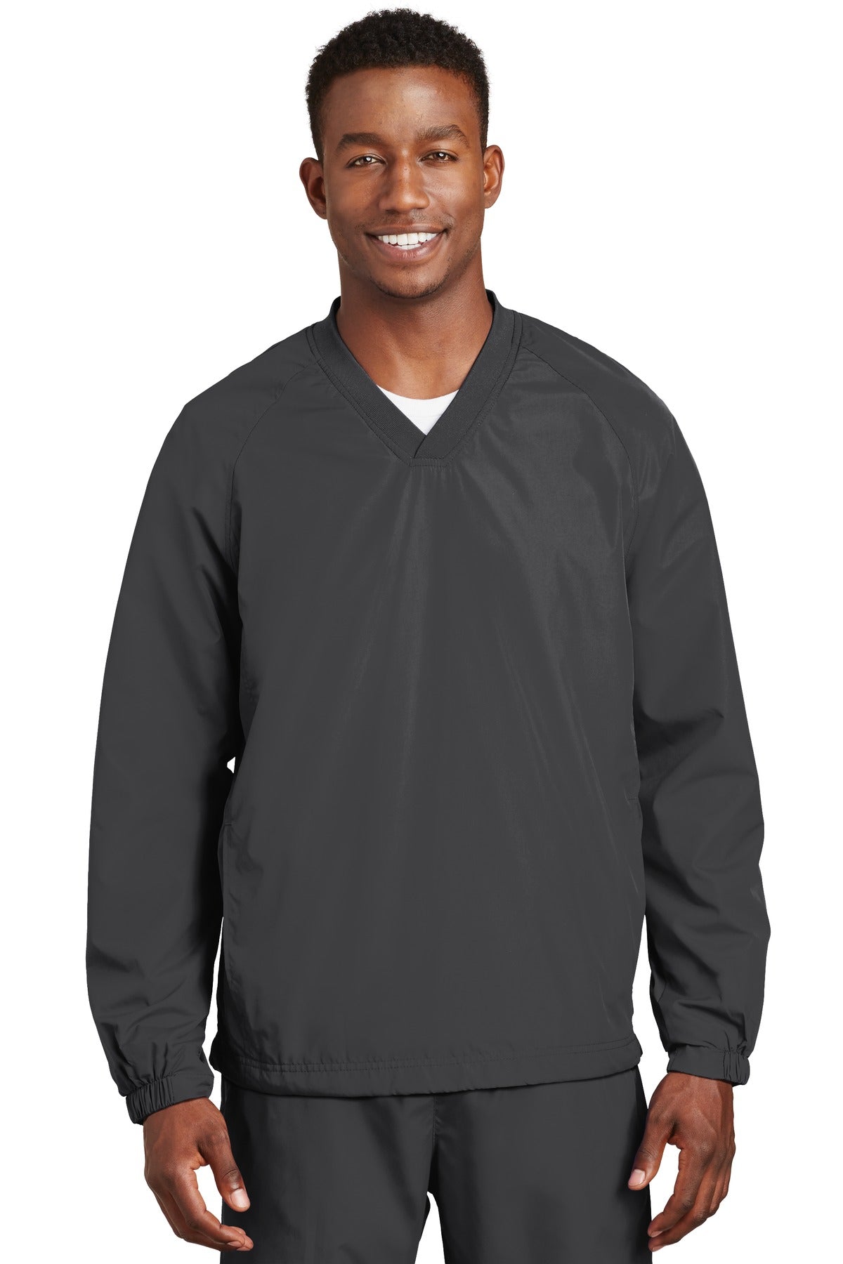 Sport-Tek V-Neck Raglan Wind Shirt. JST72 Graphite
