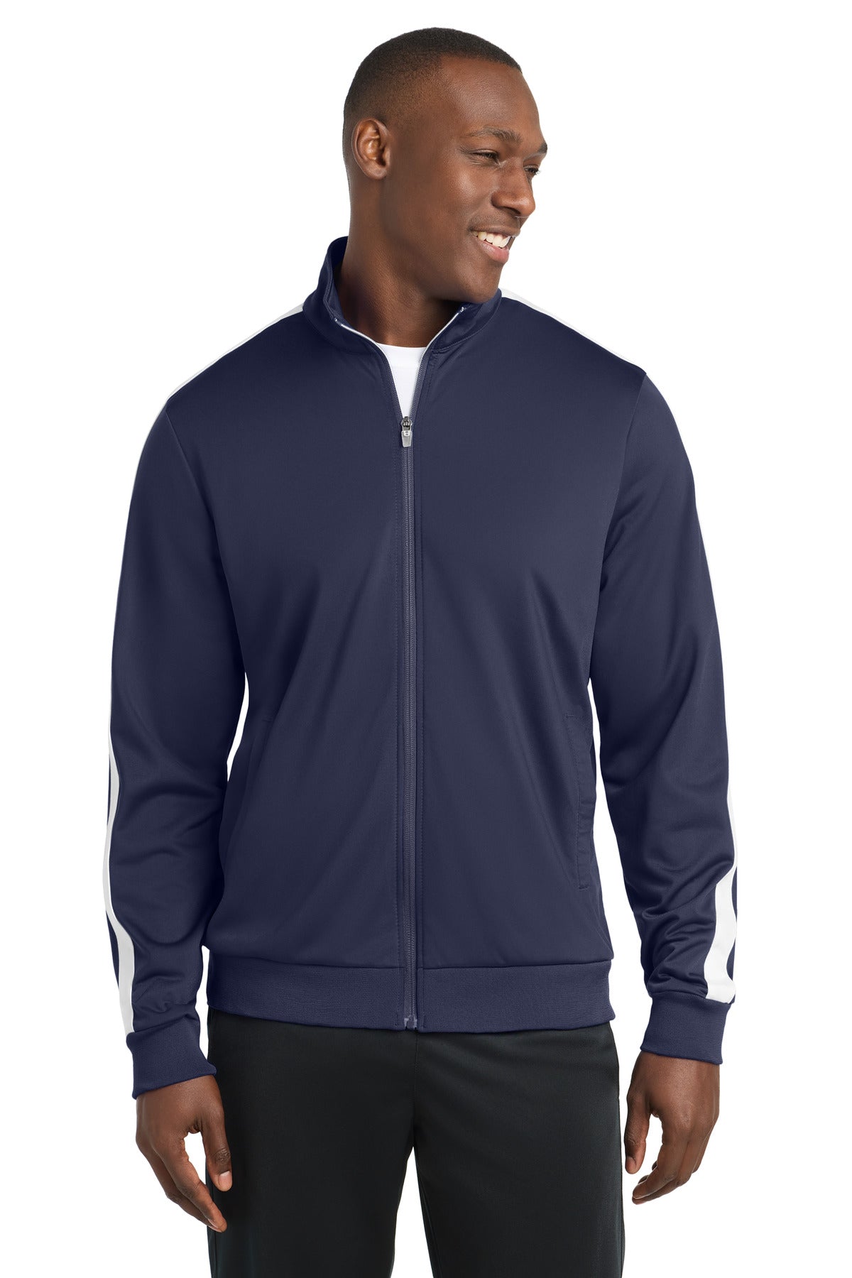 Sport-Tek Tricot Sleeve Stripe Track Jacket JST94 True Navy/ White