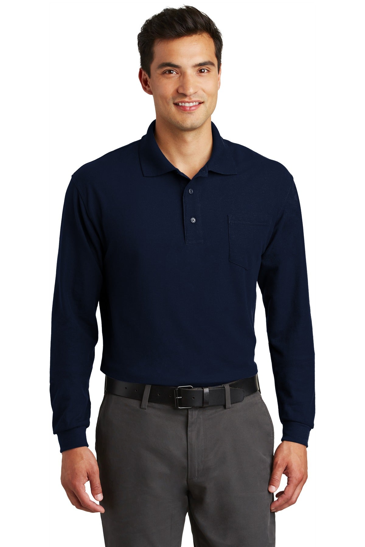 Port Authority Long Sleeve Silk Touch Polo with Pocket K500LSP Navy