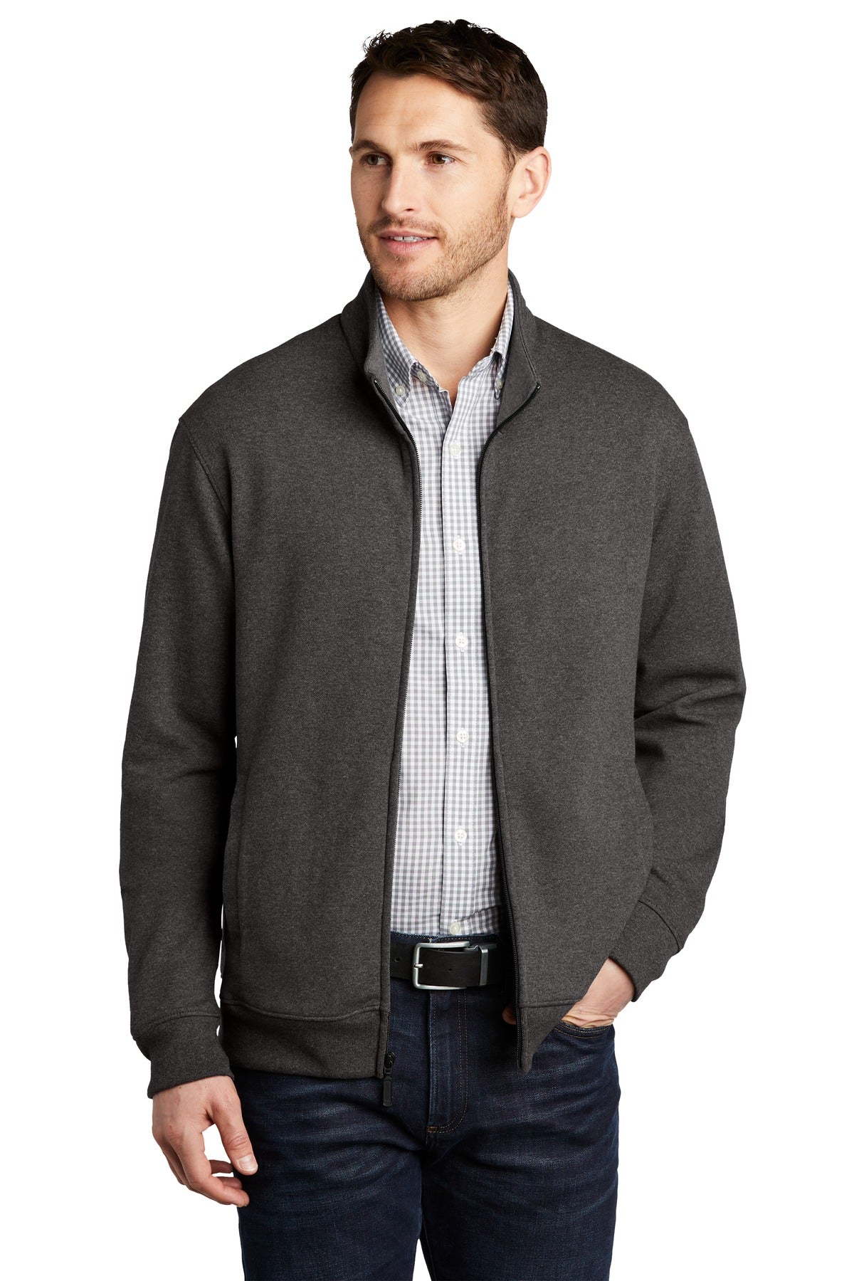 Port Authority Interlock Full-Zip K809 Charcoal Heather/ Medium Heather Grey