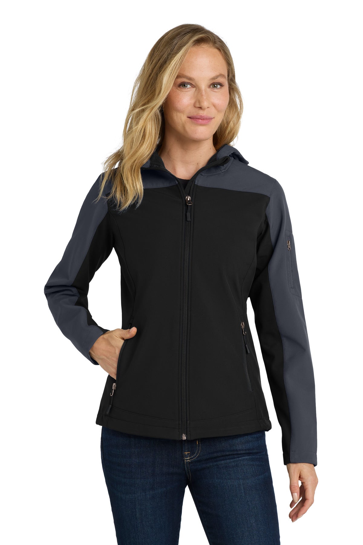 Port Authority Women's Hooded Core Soft Shell Jacket L335 Black/ Battleship Grey
