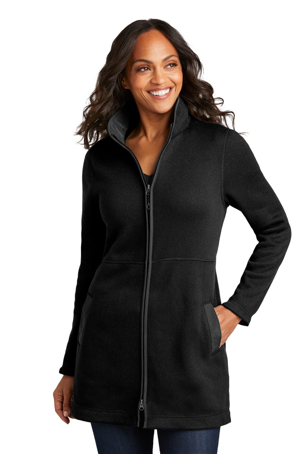 Port Authority Women's Arc Sweater Fleece Long Jacket L425 Deep Black