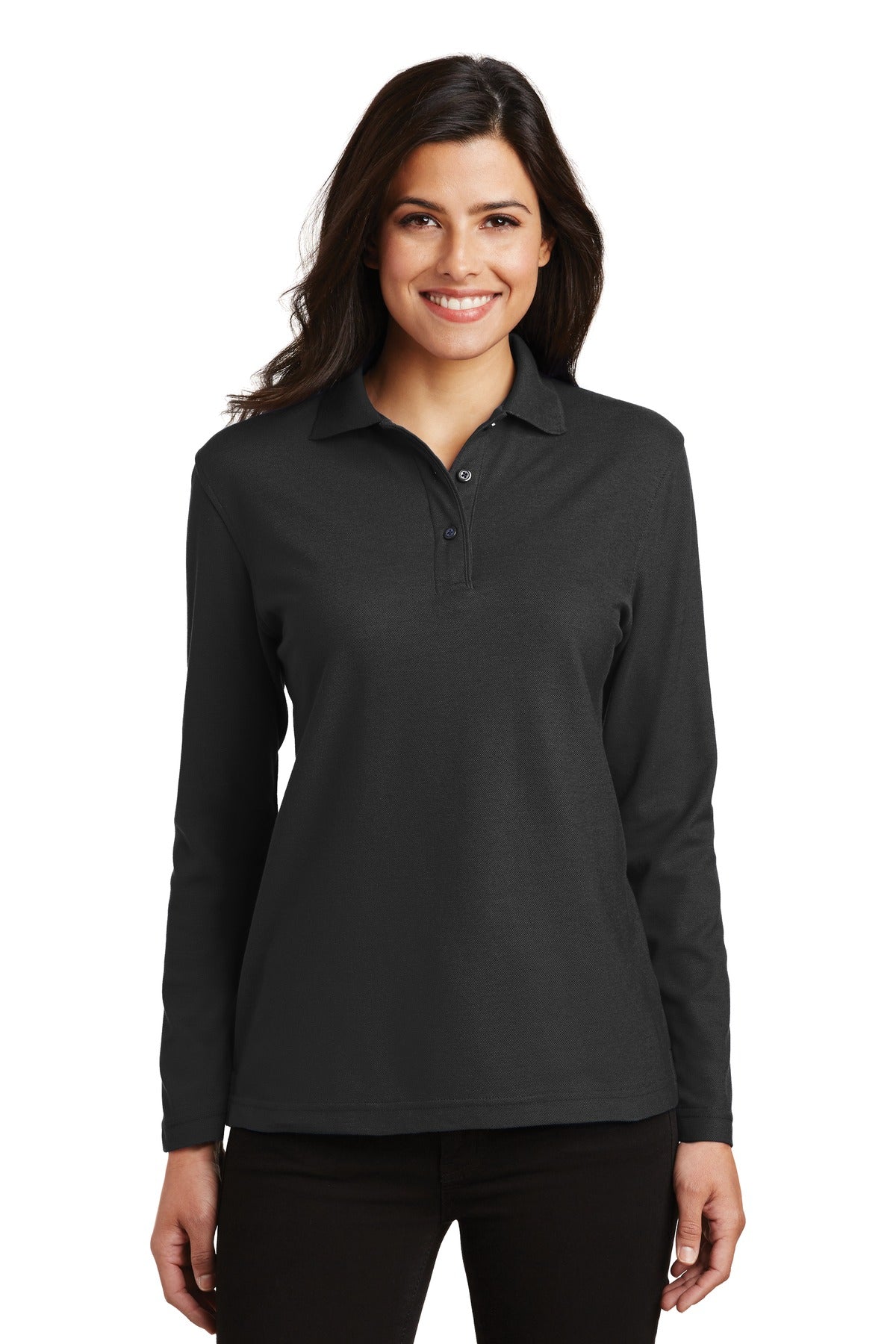 Port Authority Women's Silk Touch Long Sleeve Polo L500LS Black
