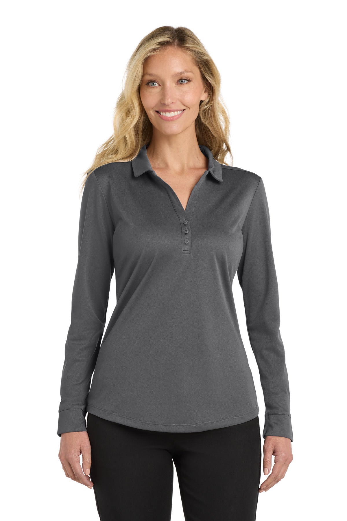 Port Authority Women's Silk Touch Performance Long Sleeve Polo L540LS Steel Grey