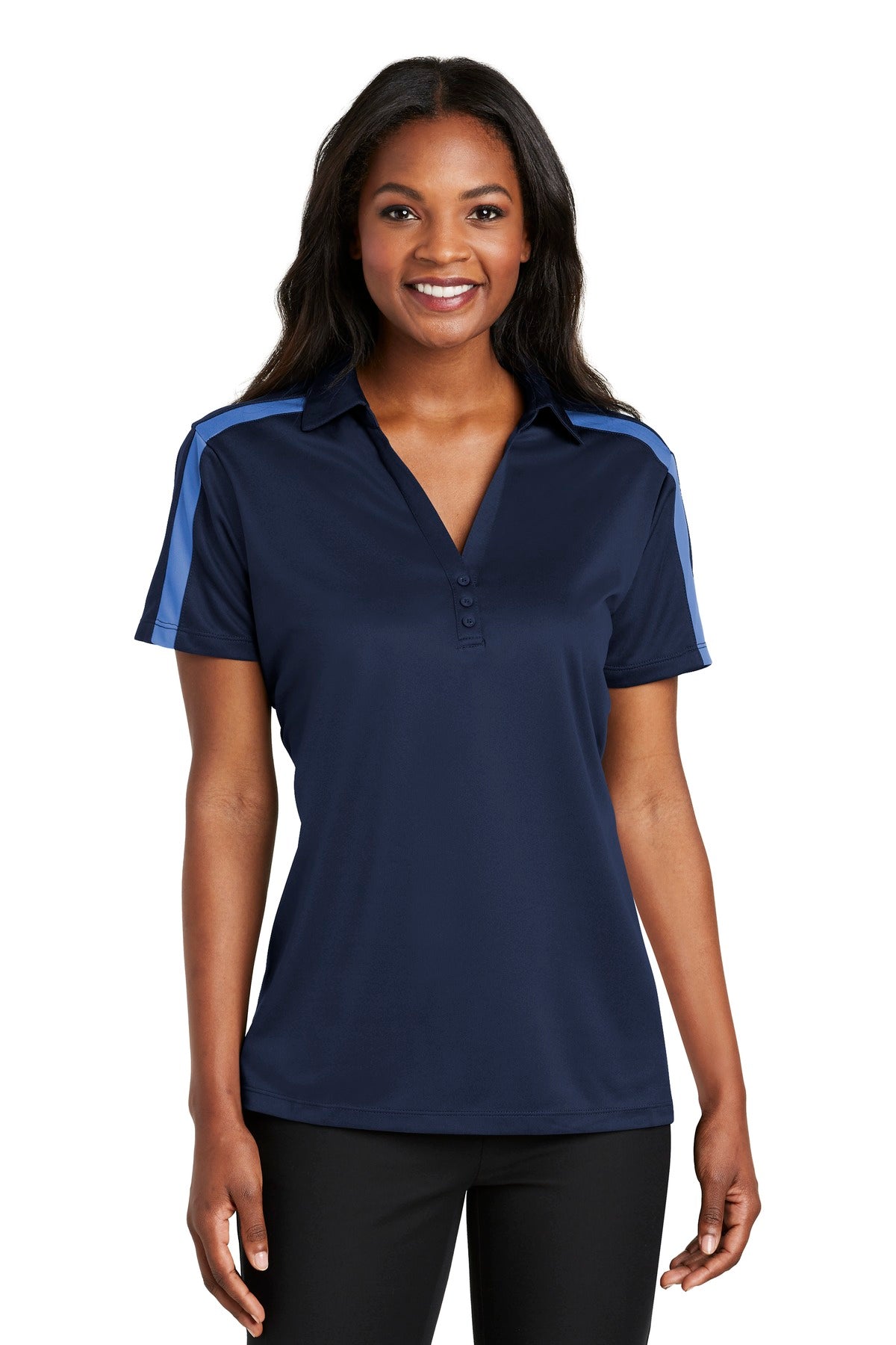 Port Authority Women's Silk Touch Performance Colorblock Stripe Polo L547 Navy/ Carolina Blue