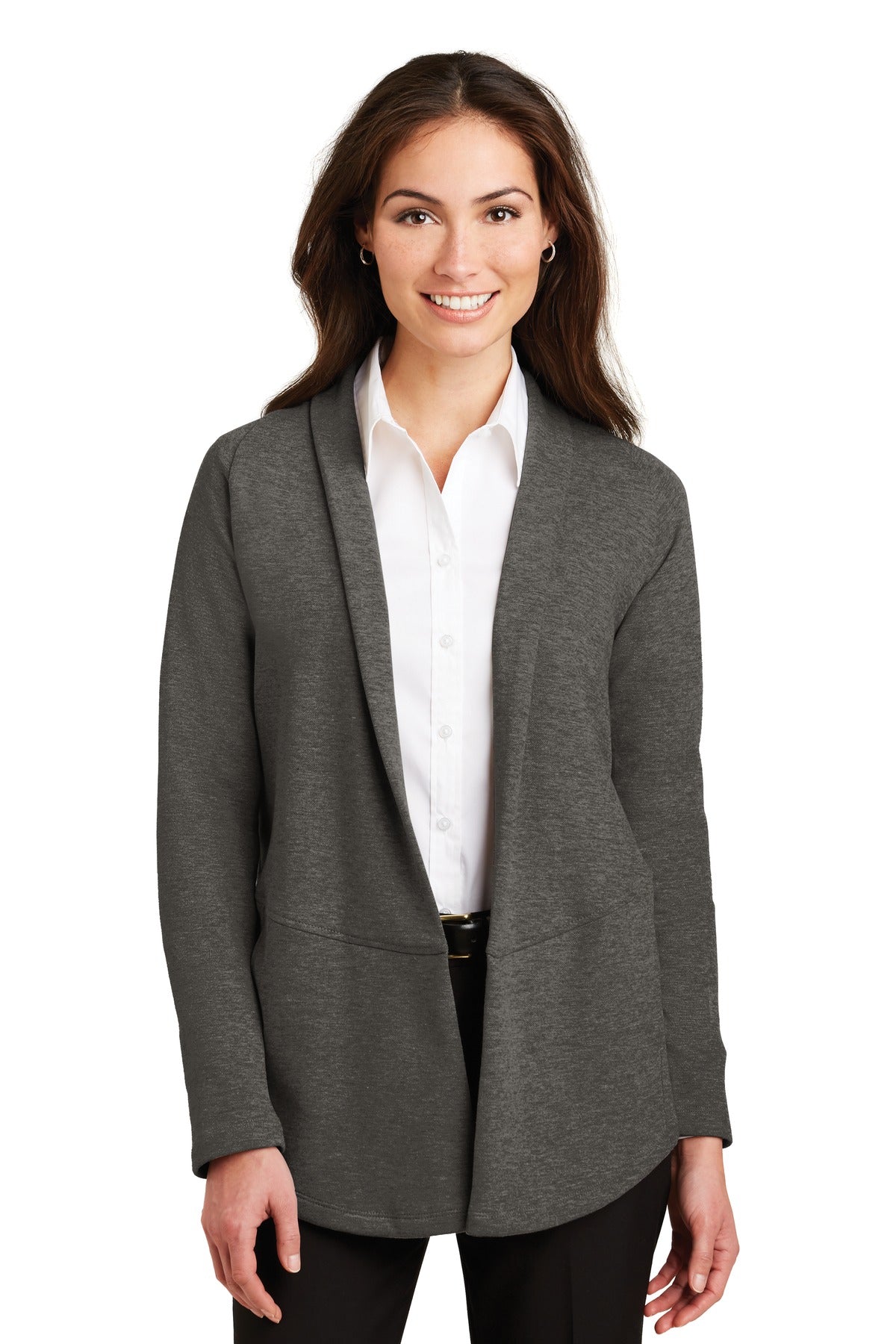 Port Authority Women's Interlock Cardigan L807 Charcoal Heather/ Medium Heather Grey