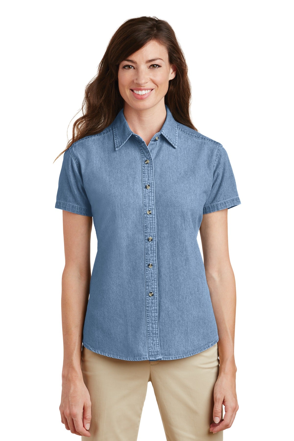 Port & Company Women's Short Sleeve Value Denim Shirt. LSP11 Faded Blue