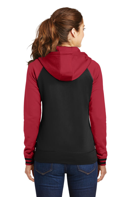 Sport-Tek Women's Sport-Wick Varsity Fleece Full-Zip Hooded Jacket. LST236 Black/ Deep Red