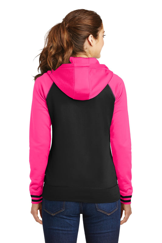 Sport-Tek Women's Sport-Wick Varsity Fleece Full-Zip Hooded Jacket. LST236 Black/ Neon Pink