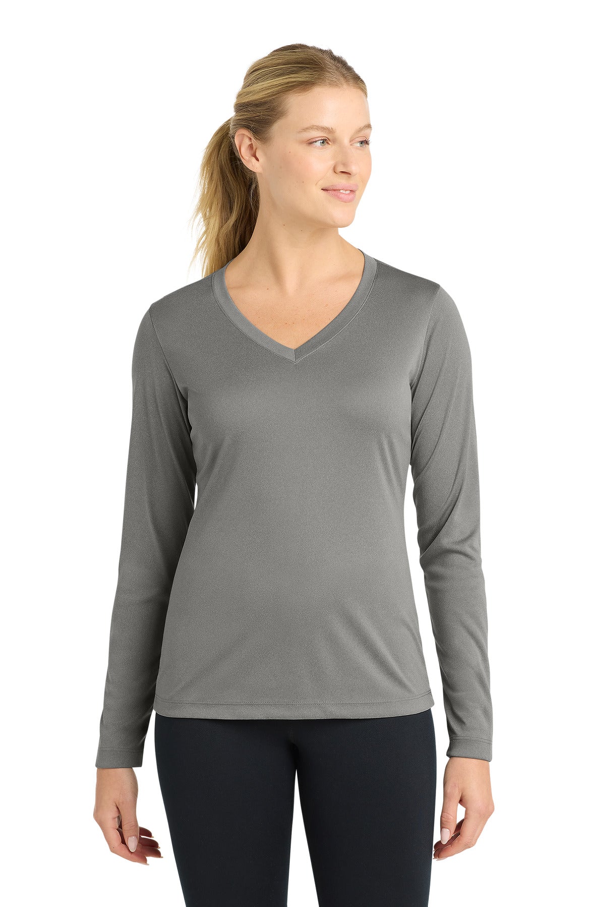 Sport-Tek Women's Long Sleeve PosiCharge Competitor V-Neck Tee LST353LS Grey Concrete Heather