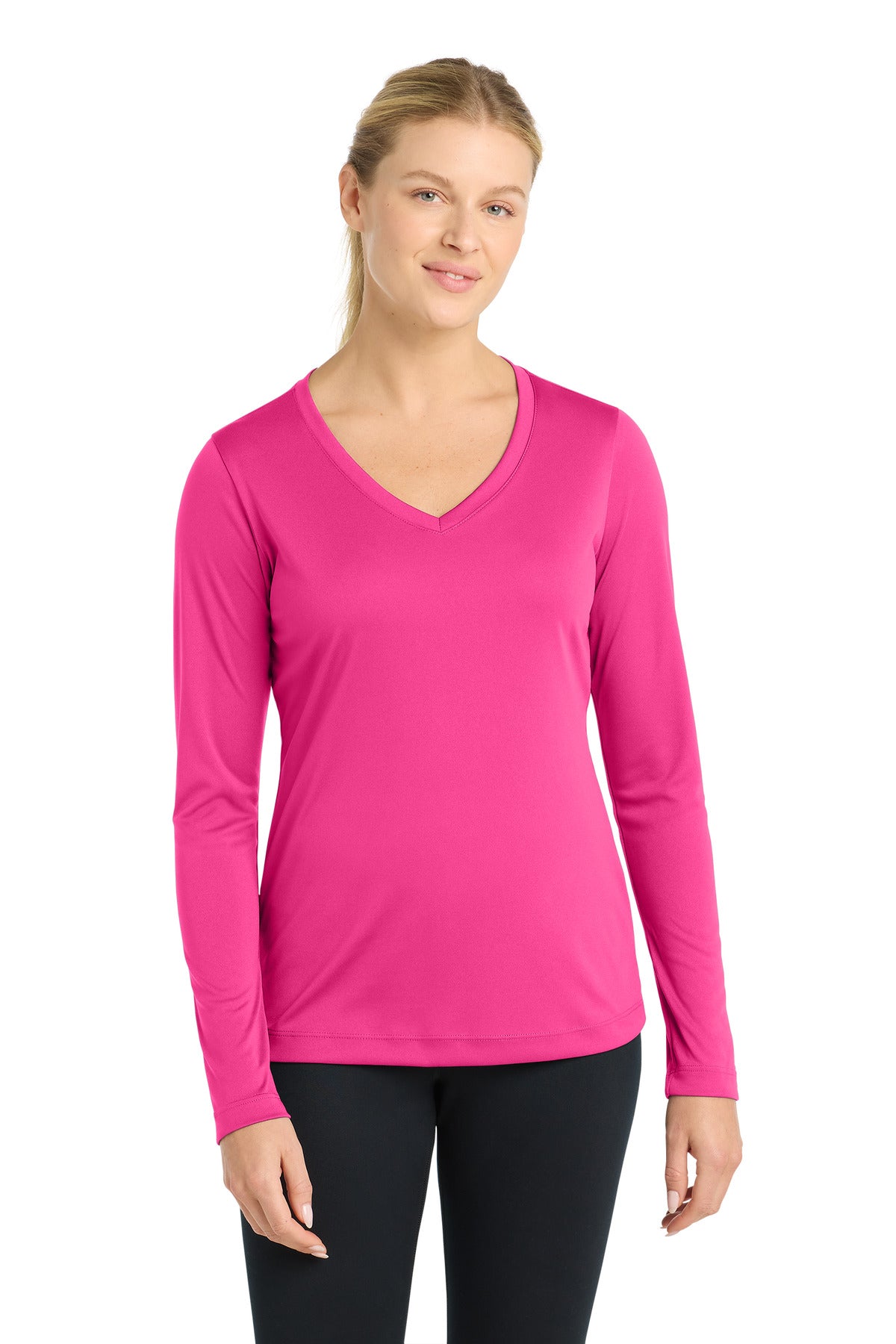 Sport-Tek Women's Long Sleeve PosiCharge Competitor V-Neck Tee LST353LS Neon Pink