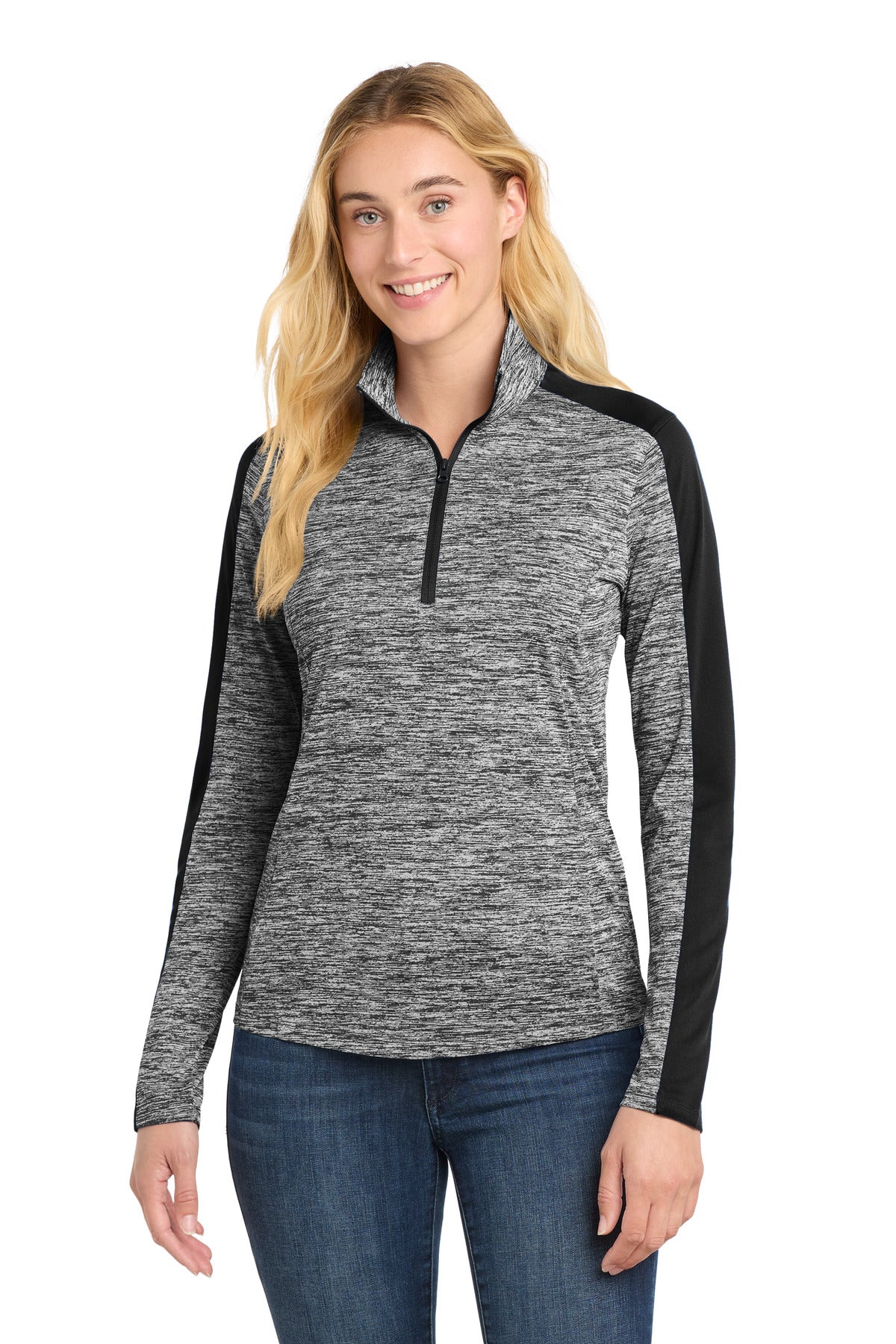 Sport-Tek Women's PosiCharge Electric Heather Colorblock 1/4-Zip Pullover LST397 Black Electric/ Black