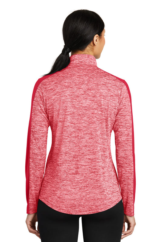 Sport-Tek Women's PosiCharge Electric Heather Colorblock 1/4-Zip Pullover. LST397 Deep Red Electric/ Deep Red