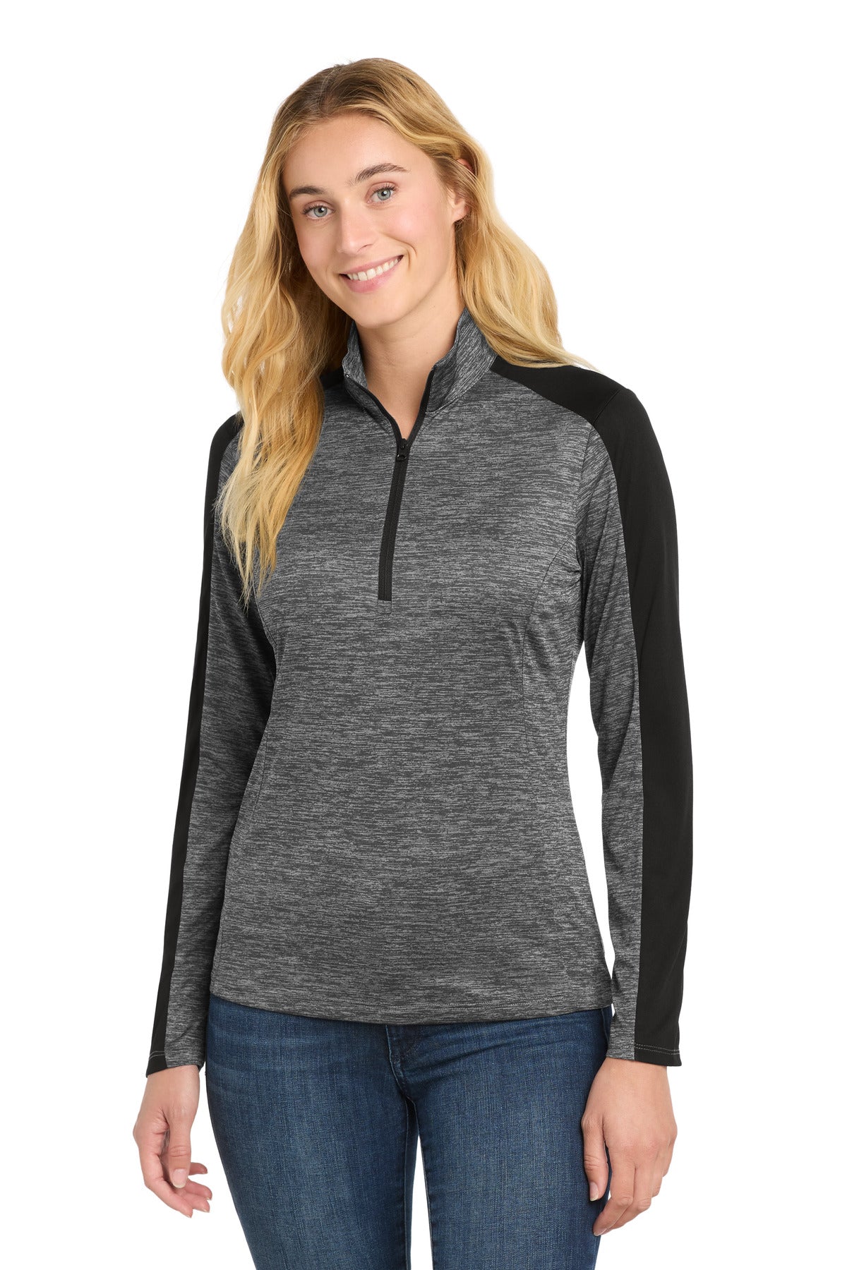 Sport-Tek Women's PosiCharge Electric Heather Colorblock 1/4-Zip Pullover LST397 Grey-Black Electric/ Black
