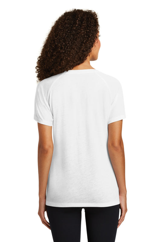Sport-Tek Women's PosiCharge Tri-Blend Wicking Scoop Neck Raglan Tee. LST400 White Triad Solid