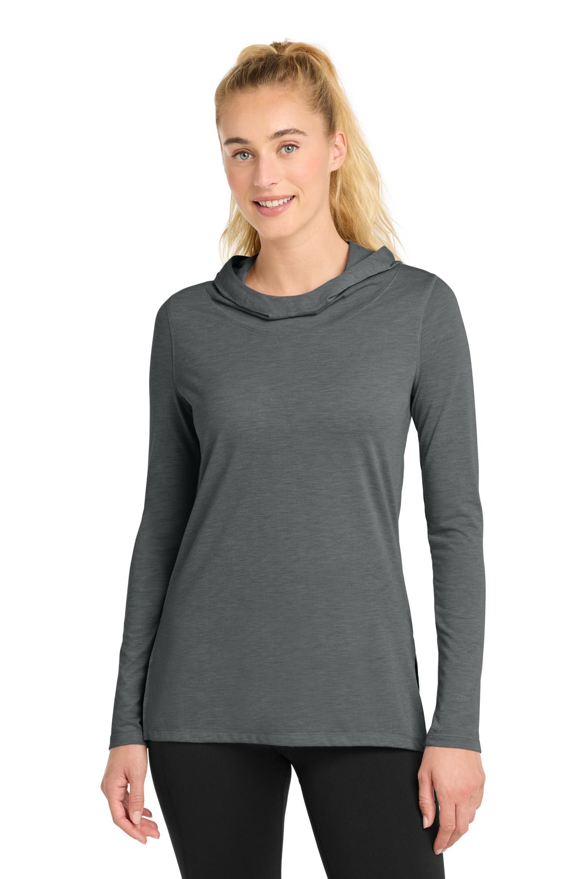 Sport-Tek Women's PosiCharge Tri-Blend Wicking Long Sleeve Hoodie LST406 Dark Grey Heather