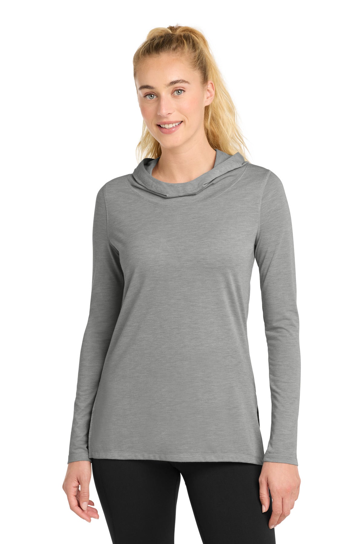 Sport-Tek Women's PosiCharge Tri-Blend Wicking Long Sleeve Hoodie LST406 Light Grey Heather