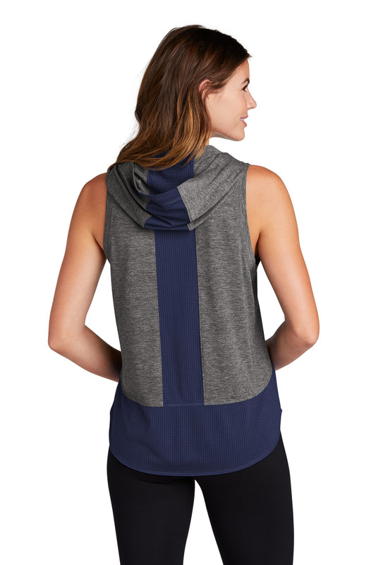 Sport-Tek Women's PosiCharge Tri-Blend Wicking Draft Hoodie Tank. LST410 True Navy/ Dark Grey Heather