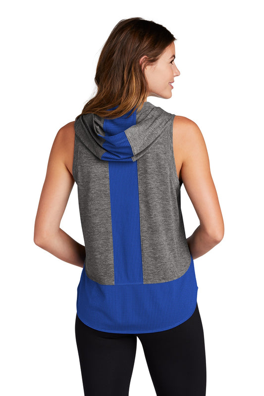 Sport-Tek Women's PosiCharge Tri-Blend Wicking Draft Hoodie Tank. LST410 True Royal/ Dark Grey Heather