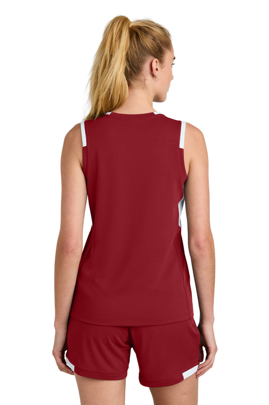 Sport-Tek Women's Club Sleeveless V-Neck LST441 Deep Red/ White