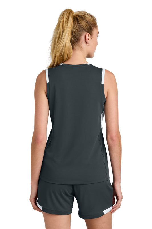 Sport-Tek Women's Club Sleeveless V-Neck LST441 Iron Grey/ White