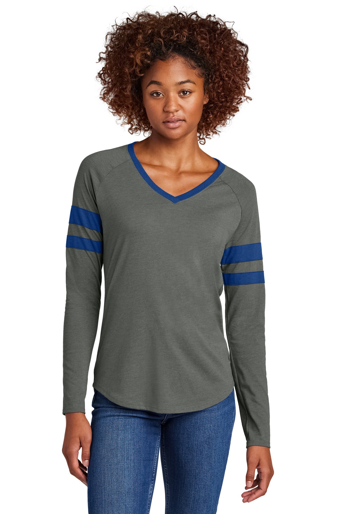 Sport-Tek Women's Halftime Stripe Long Sleeve V-Neck Tee LST6043 True Royal/ Vintage Heather